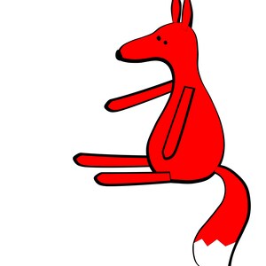 May include: A red cartoon fox with a white tipped tail sitting on its hind legs with its front legs outstretched.