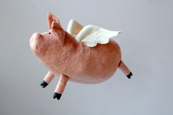 Flying Piggy Pink Plush Pig With Little White Wings Winged Etsy