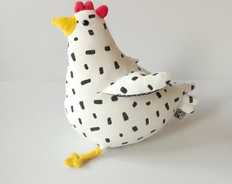 Black and White Hen Plush, Soft Plymouth Rock Chicken, Hemp Seed Hen Poultry Stuffed Toy, Barnyard Animal Plush