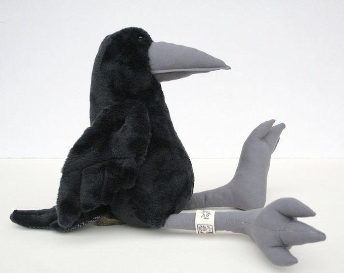 Black Crow Plush Birdie, Cuddly Raven Plush Toy, Yellow or Grey Beak