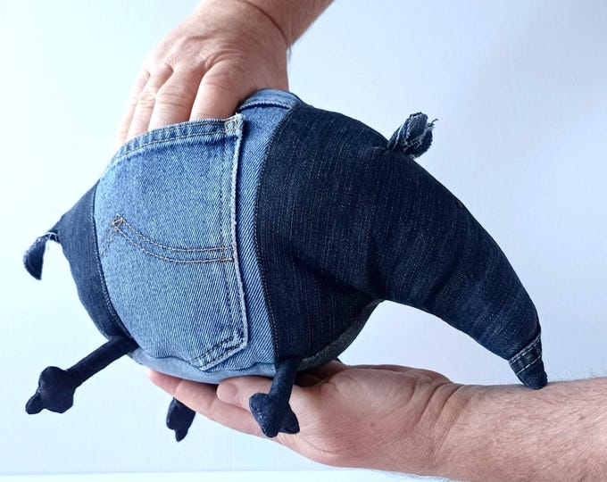 Blue Jeans Tapir, Funny Denim Jungle Creature, Recycled Jeans Stuffie, OOAK Denim Tapir, Ready to Ship RTS item