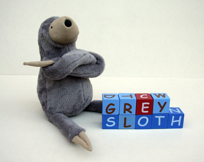 Small Plush Grey Sloth, stuffed animal toy for children, cuddly jungle stuffie, sleeping fellow