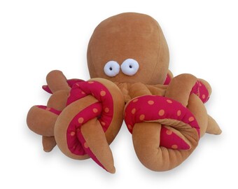 Big Ochre Octopus Plushie, Funny Kraken, Ocean Creature, Sleeping Fellow with Tentacles,  Big Orange Cephalopod Stuffed Toy