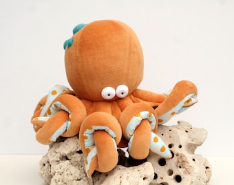 Big Ochre Octopus Plushie, Funny Kraken, Ocean Creature, Sleeping Fellow with Tentacles,  Big Orange Cephalopod Stuffed Toy