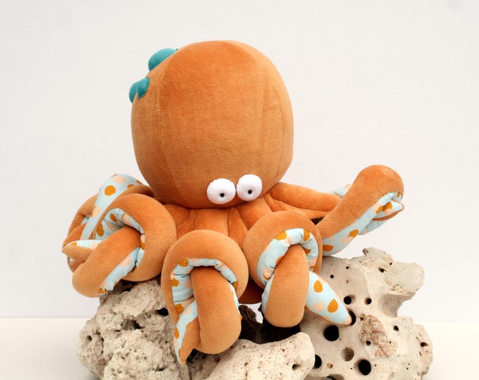 Big Ochre Octopus Plushie, Funny Kraken, Ocean Creature, Sleeping Fellow with Tentacles,  Big Orange Cephalopod Stuffed Toy