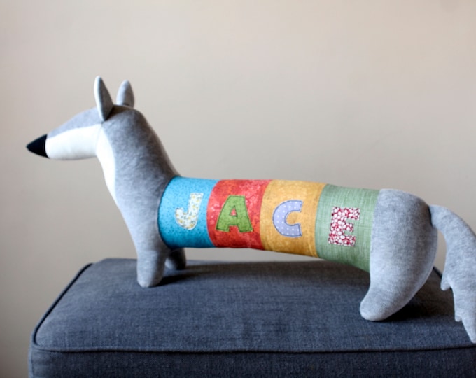 Personalized Wolf Stuffie, Baby Shower Gift, Nursery Decor, Grey Husky Toy, Kids Room Decor Doggie, Plush Dog Toy