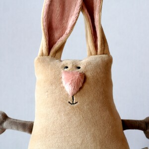 Pu&ograve; includere: Un peluche a forma di coniglio con corpo beige, interno orecchie rosa e naso rosa. Il coniglio ha occhi neri a bottone e dettagli ricamati. Le sue braccia sono di una tonalit&agrave; pi&ugrave; scura di marrone. Un giocattolo morbido per bambini.