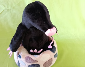 Black Mole Plushie in molehill, stuffed toy for children