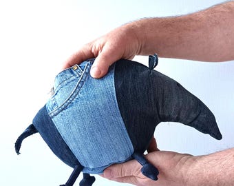 Zero Waste Tapir made of old Blue Jeans, Funny Denim Jungle Creature, Recycled Jeans Stuffie, OOAK Denim Tapir, Ready to Ship RTS item