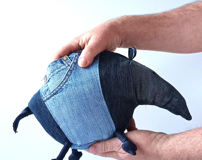 Zero Waste Tapir made of old Blue Jeans, Funny Denim Jungle Creature, Recycled Jeans Stuffie, OOAK Denim Tapir, Ready to Ship RTS item