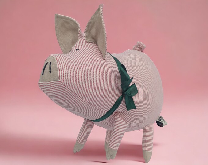 Striped Piggy Medium Size Pink Plush Pig, Pig Stuffie Ready to Ship, Funny Soft Pinky Pig Toy