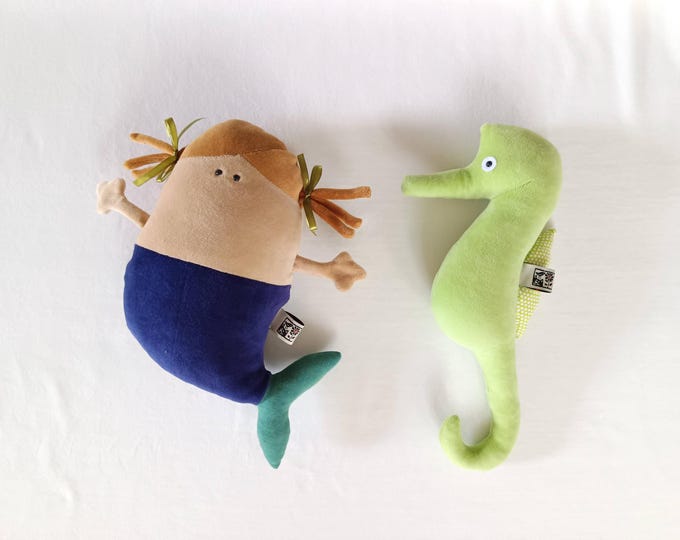 Chubby Blonde Mermaid Doll Plushie and her Seahorse Friend
