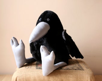 Big Black Crow Plush Bird, Huge Raven Plush Pillow, Grey Beak