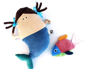 Chubby Mermaid Doll Plushie and her Beanbag Fish Companion