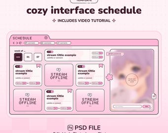 Plantilla de horario de transmisión rosa acogedora para VTubers y Streamers PSD editable con tutorial en vídeo