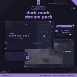 May include: A dark purple digital graphic advertising a "dark mode stream pack." The image features animated overlay screens with text including "starting soon" and "about." The Etsy shop name and social media details are displayed at the bottom of the graphic.