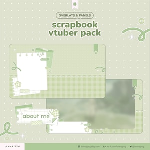 May include: A light green scrapbook-themed Vtuber pack with the text "OVERLAYS & PANELS" and "scrapbook vtuber pack." The design includes a notepad, a gingham pattern, and the words "about me."