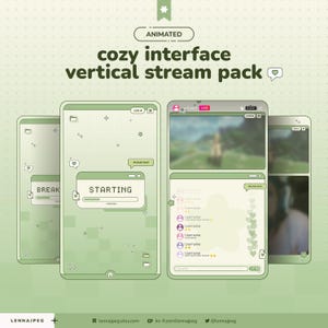 May include: A digital vertical stream pack featuring a light green colour palette with a grid pattern. The interface includes windows labelled "STARTING" and "BREAK," along with chat boxes, user icons, and heart graphics for live streaming.