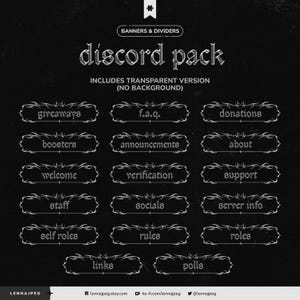 May include: A black graphic featuring a "Discord Pack" with banners and dividers. The pack includes transparent versions and features text labels such as "giveaways," "f.a.q.," "donations," "boosters," and more. The design has a gothic style.