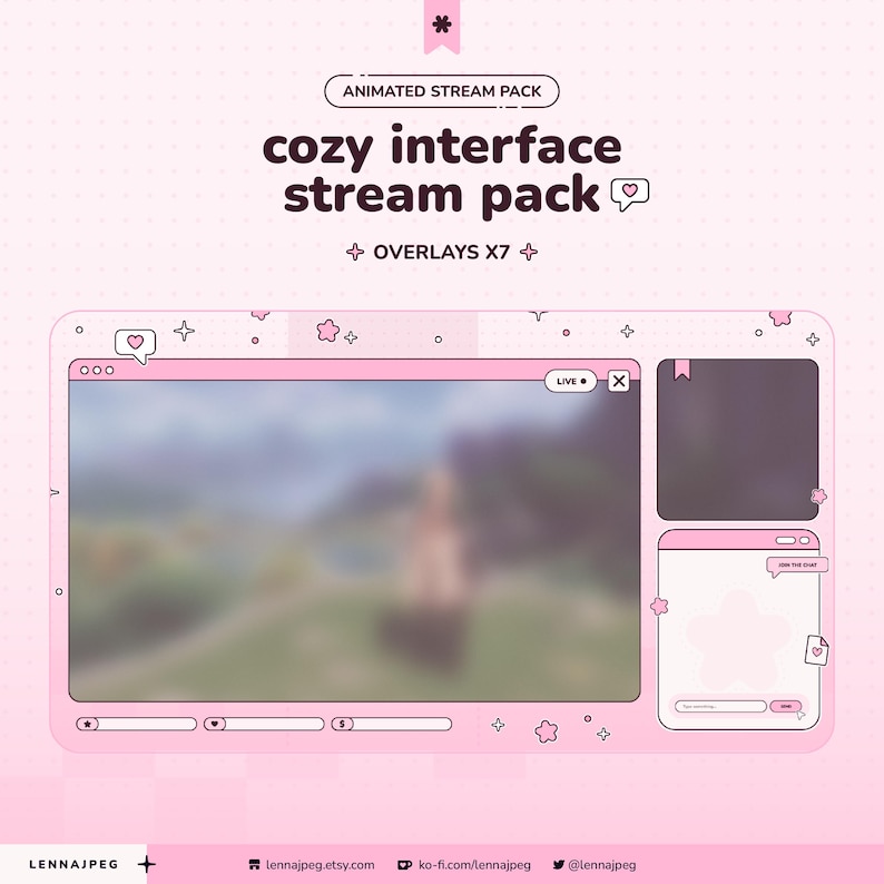 May include: An animated stream pack titled cozy interface stream pack with seven overlays. The interface features a light pink color palette with star and heart icons, a main video window, a chat box, and a sidebar, all decorated with small stars.