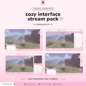 May include: An animated stream pack titled cozy interface stream pack with overlays x7 for streamers and vtubers. The digital interface features a light pink color palette with star and flower accents, including various window frames and chat boxes.