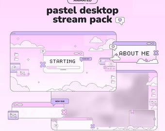 Pacote de animação pastel roxo e rosa para transmissões ao vivo | Overlay suave de vaporwave para Twitch, ideal para VTubers e streamers.