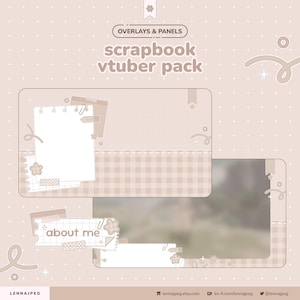 May include: A digital scrapbook-themed Vtuber pack in soft beige and cream tones. The design includes overlays and panels with a gingham pattern, blank paper elements, and the text "overlays & panels" and "scrapbook vtuber pack".
