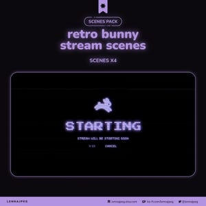 May include: A digital graphic pack titled retro bunny stream scenes featuring four scenes. The display shows a pixelated purple bunny icon above the text STARTING, STREAM WILL BE STARTING SOON, and buttons labelled OK and CANCEL on a dark background.