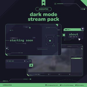 May include: Dark green digital stream pack with the text "dark mode stream pack" and "starting soon". The pack includes animated overlays and panels with a futuristic design. The Etsy shop name and social media handles are at the bottom.