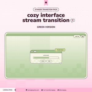 May include: A green-themed digital interface design for stream transitions. The design includes a loading screen with "LOADING" text, a "PLEASE WAIT" pop-up, and "CANCEL" and "OPEN" buttons. The text "cozy interface stream transition" is displayed.