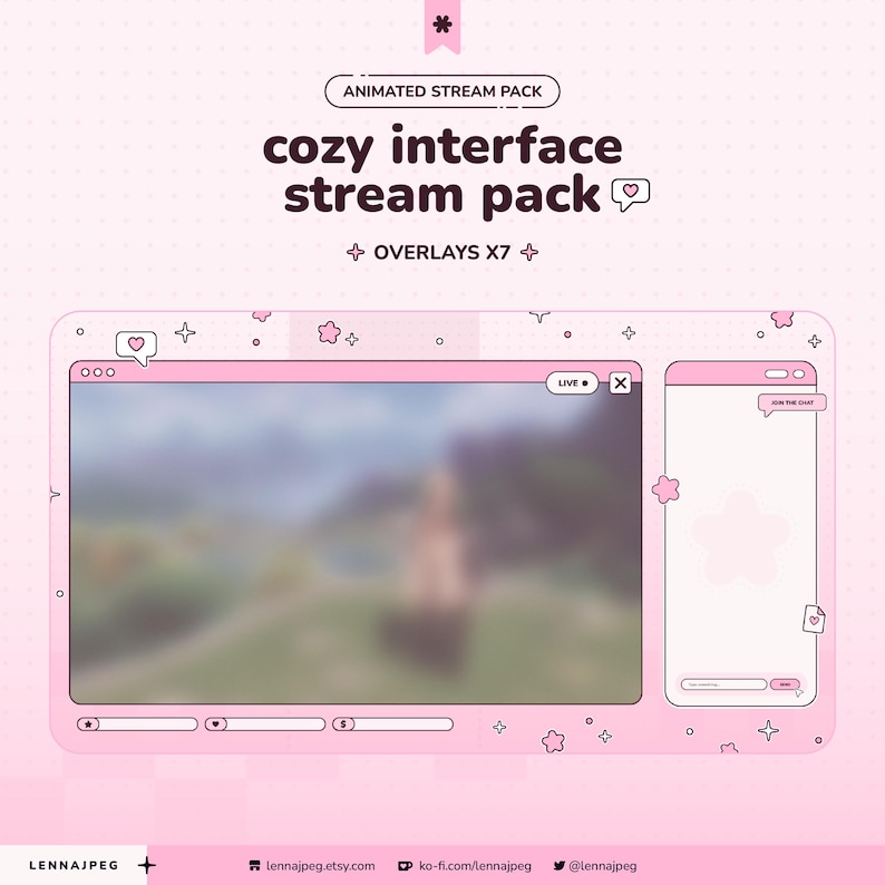 May include: An animated stream pack featuring a cozy interface design in shades of light pink. The layout includes a main video window with a live indicator, a chat box with a star icon, and decorative elements like small hearts and stars.