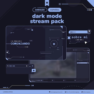 May include: A dark blue digital stream pack with animated elements. The pack includes various interface designs with text in Spanish, such as "dark mode stream pack", "Comenzando", and "sobre mi". The design has a futuristic, tech-inspired aesthetic.