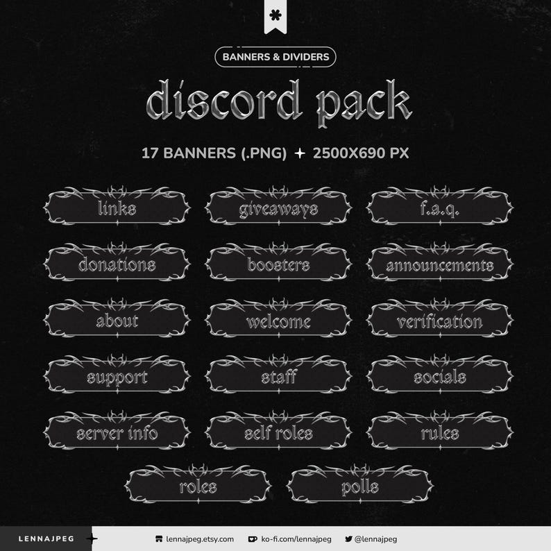 May include: A black and white graphic design for Discord, featuring 17 banners with text like "links," "giveaways," and "rules." The design includes decorative borders and the text "Discord Pack."