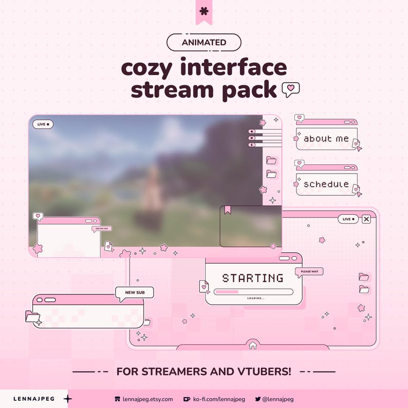May include: A digital stream overlay pack featuring a pink and white color scheme with pixel art elements. Includes interface windows labeled "about me," "schedule," "new sub," and "starting" with loading bars, folder icons, and flower accents.