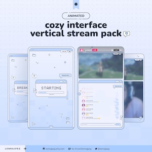 Pode incluir: Um pacote de streaming vertical digital com uma paleta de cores azul claro e elementos de pixel art. A interface inclui janelas rotuladas como STARTING, BREAK e um layout de chat ao vivo com ícones de usuário, caixas de texto e ícones.