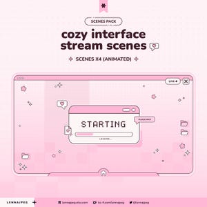 Może przedstawiać: Różowa grafika cyfrowa przedstawiająca interfejs komputera z tekstem "cozy interface stream scenes". Interfejs wyświetla ekran "starting" z paskiem ładowania. Obraz zawiera serca, gwiazdy i tekst "SCENES X4 (ANIMATED)."