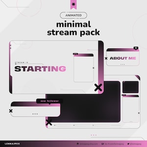 May include: A minimal stream pack design with a white and purple color scheme. The design includes animated elements with the text "STREAM IS STARTING", "ABOUT ME", and "new follower". The pack is for streaming and has a modern, clean aesthetic.