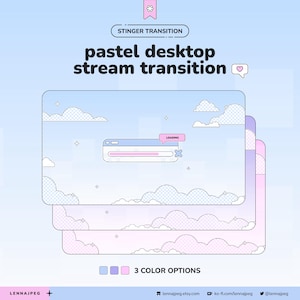 Puede incluir: Gráfico de transición de transmisión de escritorio pastel con un diseño de cielo y nubes. La imagen presenta tres opciones de color: azul, morado y rosa. El texto incluye "STINGER TRANSITION" y "3 OPCIONES DE COLOR". También hay una barra de carga.
