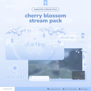 May include: A light blue animated stream pack with a cherry blossom theme. The design includes the text "cherry blossom stream pack", "starting", "new sub", and "about me". The design also includes cherry blossom branches and hanging lanterns.