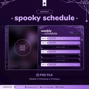 以下が含まれることがあります： 紫と黒のデジタルテンプレートで、「+ spooky schedule +」と「weekly - schedule」の文字があります。画像用のセクションと週間のスケジュールが含まれています。「YOUR IMAGE HERE」の文字が表示されています。
