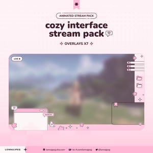 May include: An animated stream pack featuring a cozy interface design with soft pink accents. The layout includes a live indicator, chat box, and various overlay elements decorated with small star and flower icons on a light pink background.