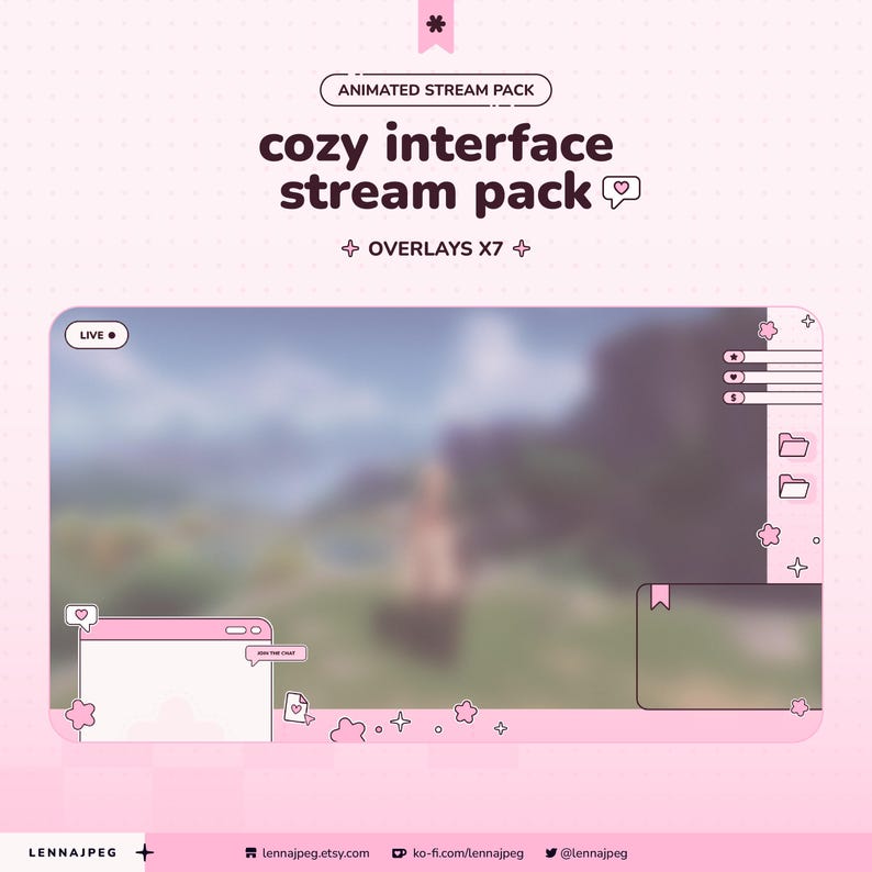 May include: An animated stream pack featuring a cozy interface design with soft pink accents. The layout includes a live indicator, chat box, and various overlay elements decorated with small star and flower icons on a light pink background.