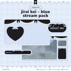 May include: A blue and black animated "jirai kei - blue stream pack" design. The design includes a heart shape, text that says "about me" and "new sub", and decorative bows. The background is a light blue gingham pattern.