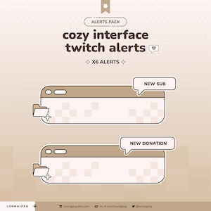 以下が含まれることがあります： 「cozy interface twitch alerts」のデジタルアートグラフィック。画像には、「NEW SUB」と「NEW DONATION」と書かれた吹き出しが付いた、2つの様式化されたブラウザウィンドウが表示されています。デザインは、ベージュの背景にニュートラルなカラーパレットを使用しています。