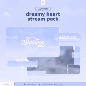 Könnte beinhalten: Digitales Grafikdesign für ein "dreamy heart stream pack" in Hellblau und Weiß. Das Design enthält die Wörter "Starting" und "about me" in einer Schreibschrift, zusammen mit anderen animierten Elementen.