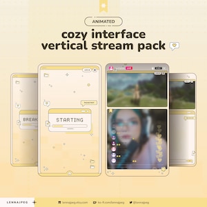 Pode incluir: Um pacote de streaming vertical digital com um design de interface aconchegante em tons de creme e amarelo. Os gráficos incluem janelas com texto pixelado como STARTING, PLEASE WAIT e BREAK, além de ícones de pastas, estrelas e corações.