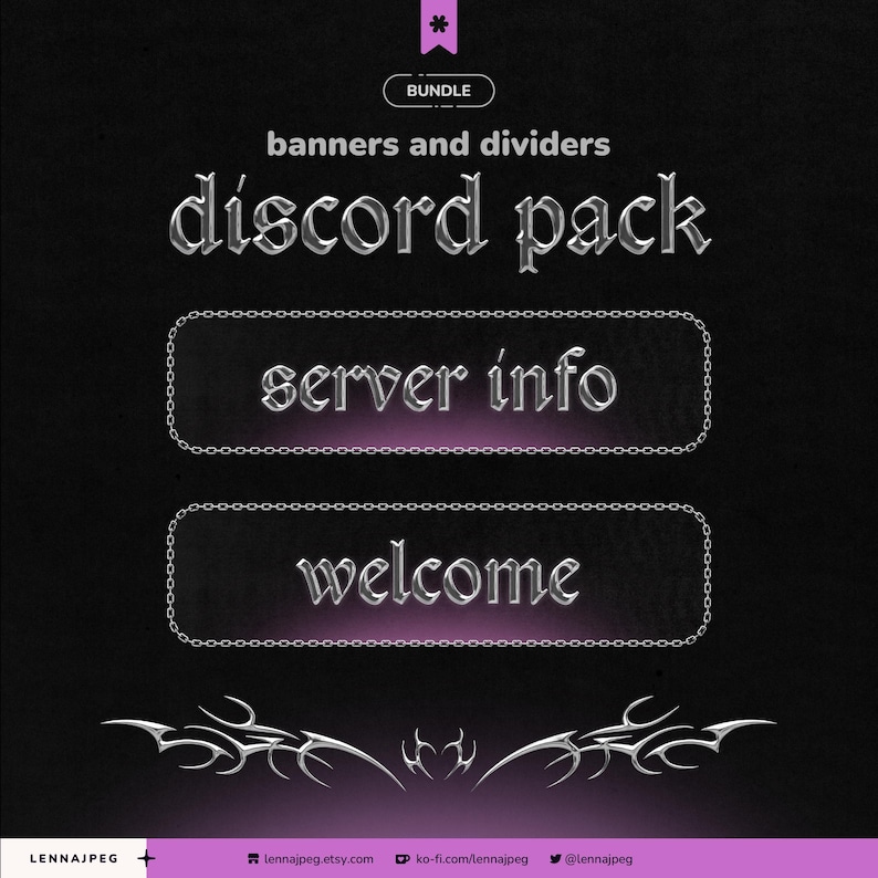 May include: A digital graphic design bundle for Discord, featuring banners and dividers. The design includes the text "Discord Pack", "Server Info", and "Welcome" in a gothic font, with decorative chain borders and tribal accents, all set against a black background.