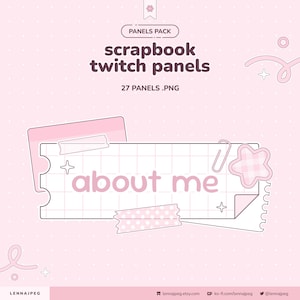 Peut inclure: Graphique numérique rose pour panneaux de flux Twitch. Le design présente un élément en forme de billet avec le texte « about me » en rose clair, ainsi que des éléments décoratifs comme une étoile, un trombone et du washi tape.