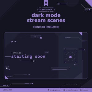 May include: A dark purple graphic with the text "dark mode stream scenes" and "SCENES X4 (ANIMATED)". The image includes a "starting soon" screen with a crosshair and other animated elements. The Etsy shop name and social media handles are at the bottom.