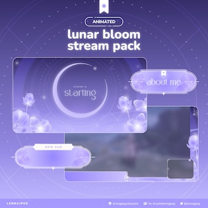 May include: A digital stream pack with a lunar theme. The design features a crescent moon, floral accents, and the text "Stream is starting." The pack includes animated overlays for "about me" and "new sub" sections, all in shades of purple.